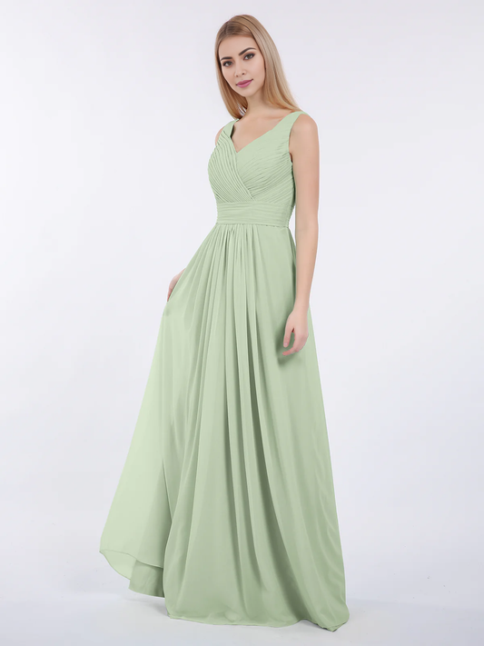 V-neck full-length chiffon pleated dress