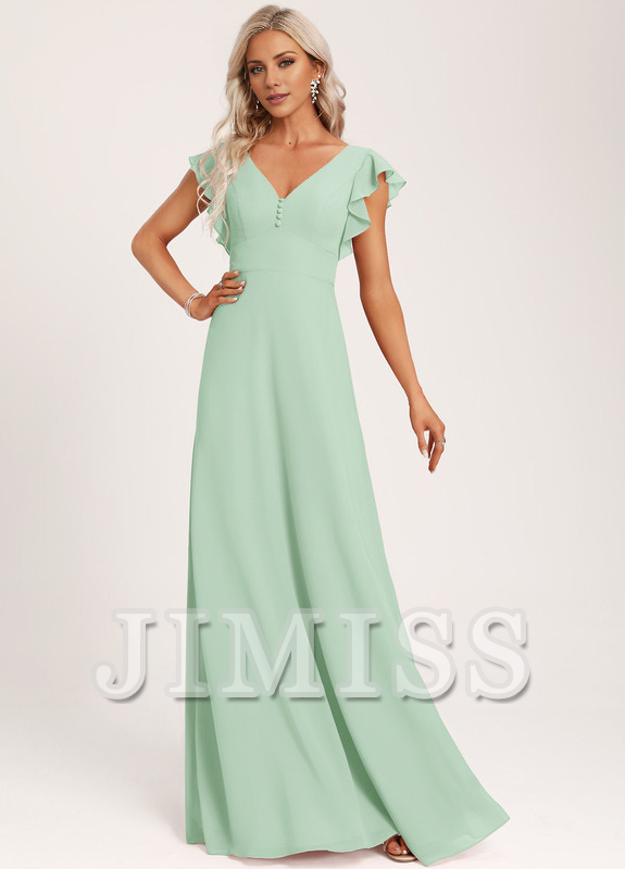 Floor-length A-line Chiffon Gowns with Ruffles Waist Slate Blue main image 0