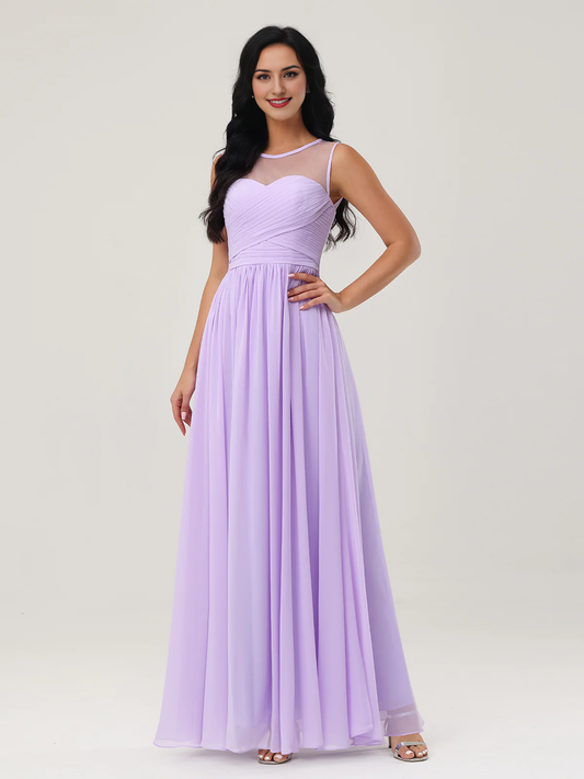 Illusionary collar chiffon long dress