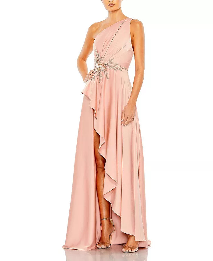 Adorned with asymmetrical shoulder and floor length evening dress