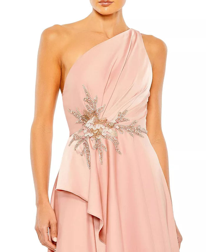 Adorned with asymmetrical shoulder and floor length evening dress