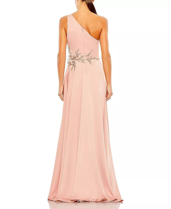 Adorned with asymmetrical shoulder and floor length evening dress