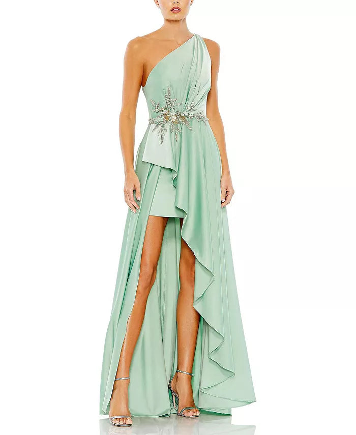 Adorned with asymmetrical shoulder and floor length evening dress