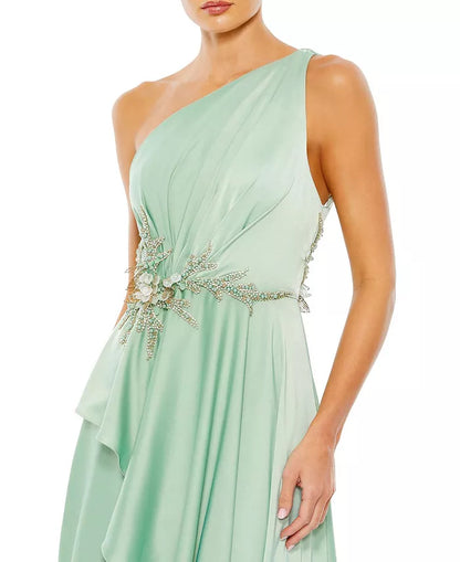 Adorned with asymmetrical shoulder and floor length evening dress