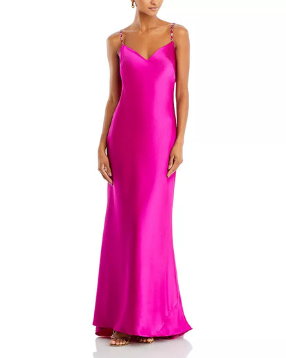 Satin hood with backless thin shoulder straps and floor length evening dress