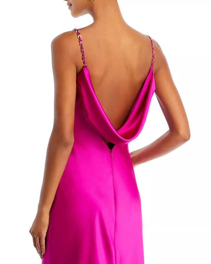 Satin hood with backless thin shoulder straps and floor length evening dress