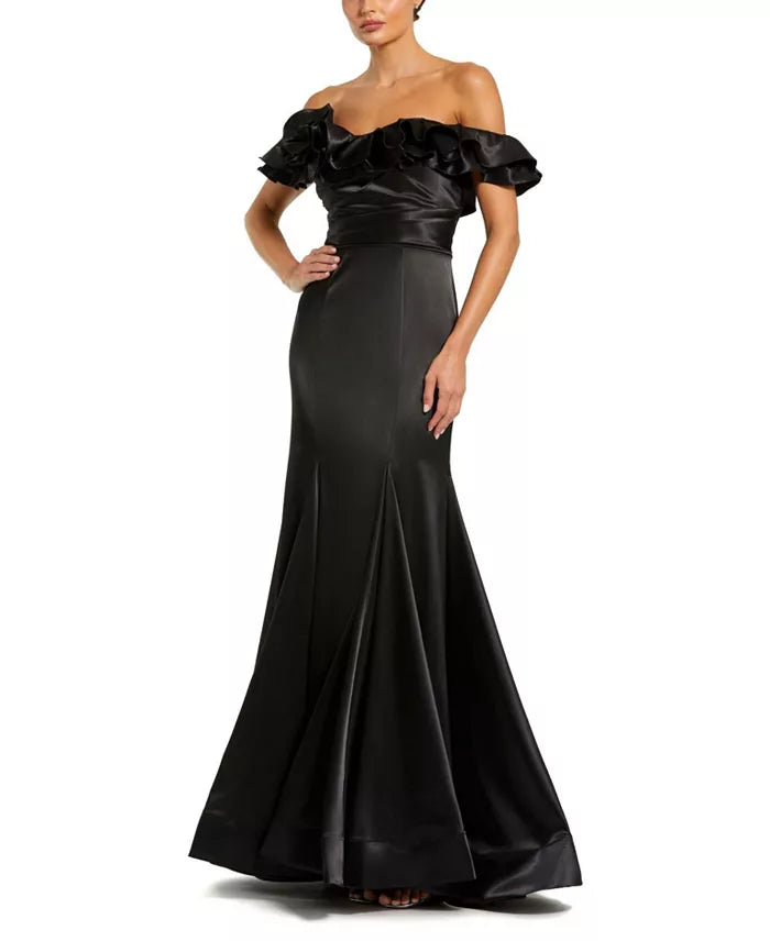 Satin ruffle details off shoulder fish tail and floor length evening dress