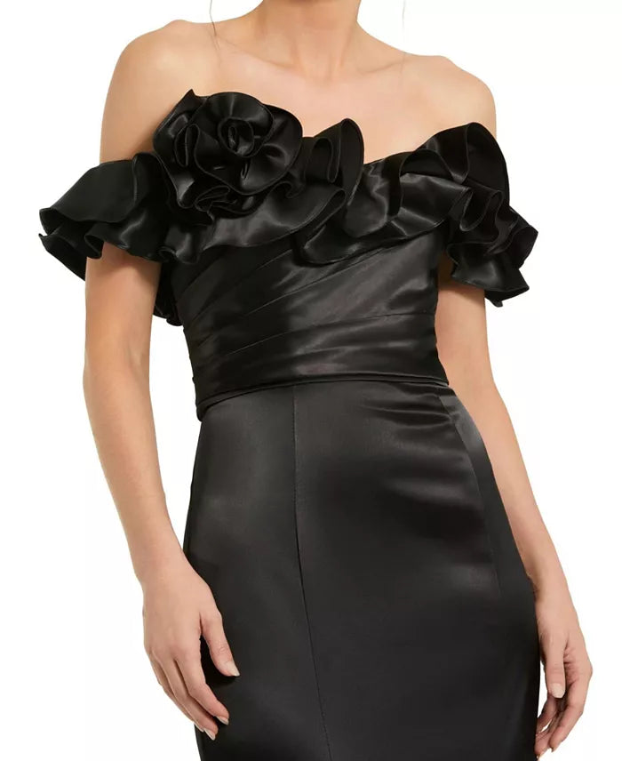 Satin ruffle details off shoulder fish tail and floor length evening dress