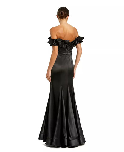 Satin ruffle details off shoulder fish tail and floor length evening dress