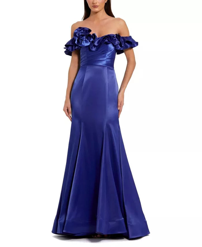 Satin ruffle details off shoulder fish tail and floor length evening dress