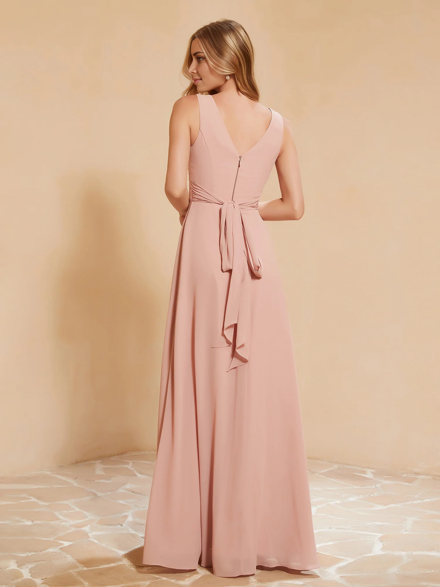 Bow pleated V-neck chiffon A-line dress