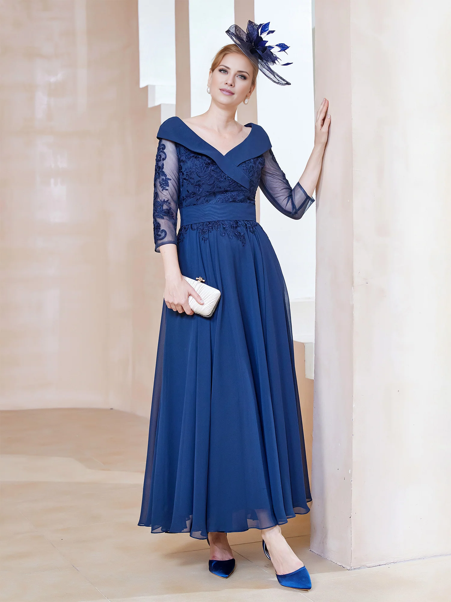 A-shaped V-neck applique chiffon mother of the bride dress