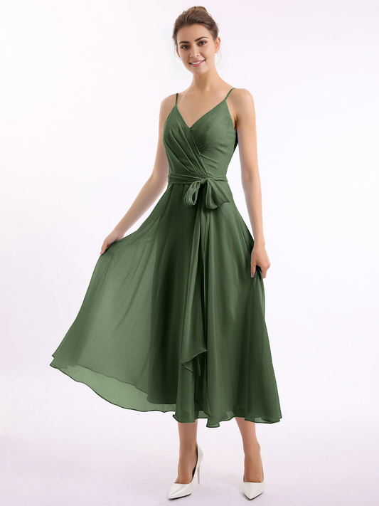 Belt bow thin shoulder strap long dress