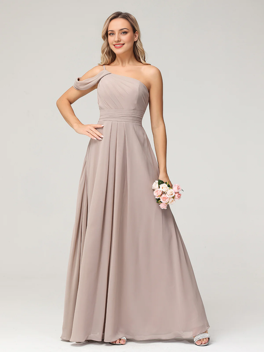 One shoulder chiffon long bridesmaid dress