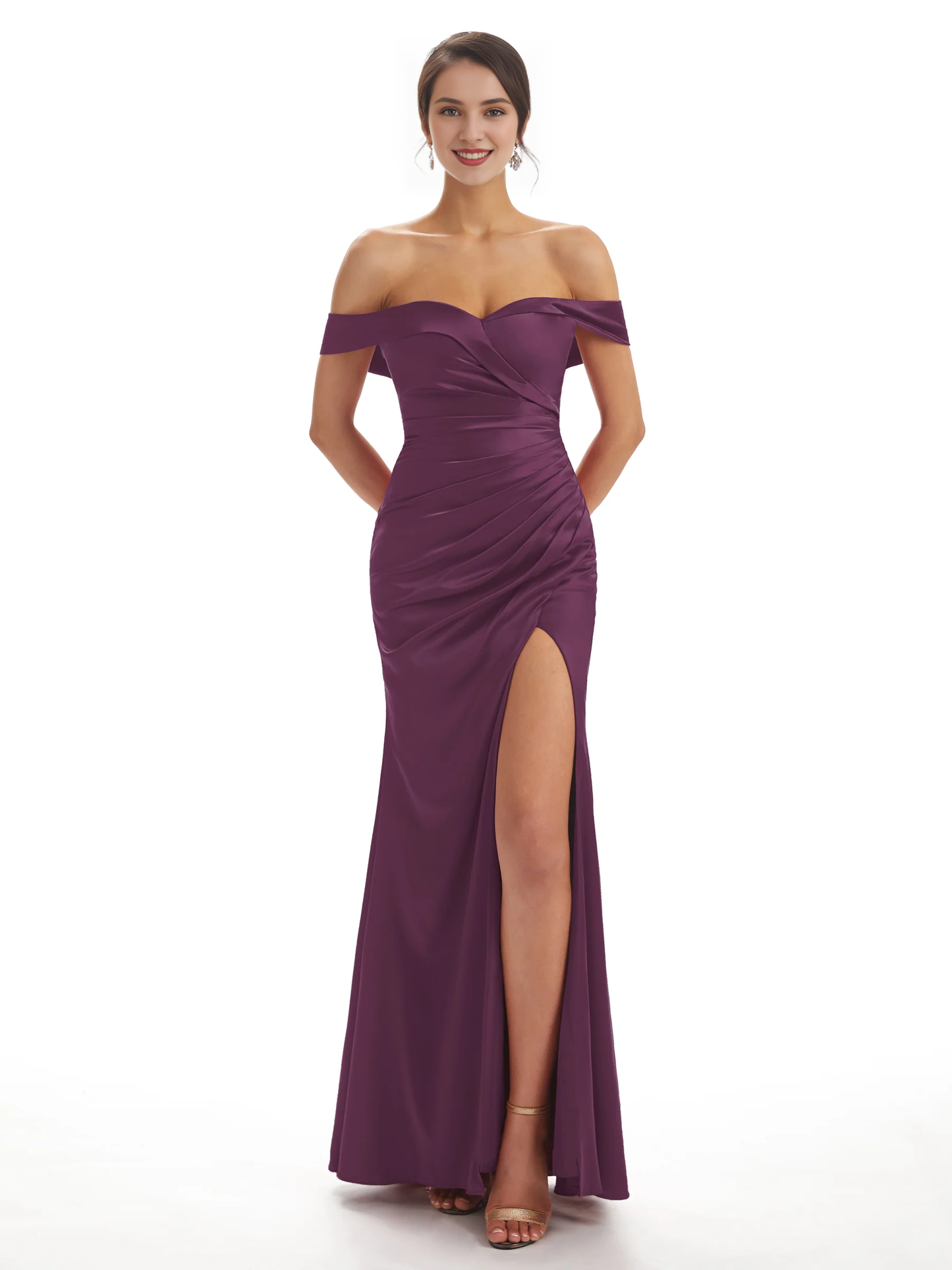 Sexy side slit shoulder fishtail soft satin bridesmaid dress