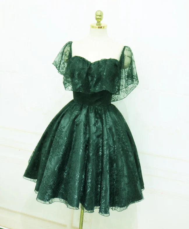 Beautiful Dark Green Lace Off Shoulder Short Party Dress, Lace Homecoming Dress