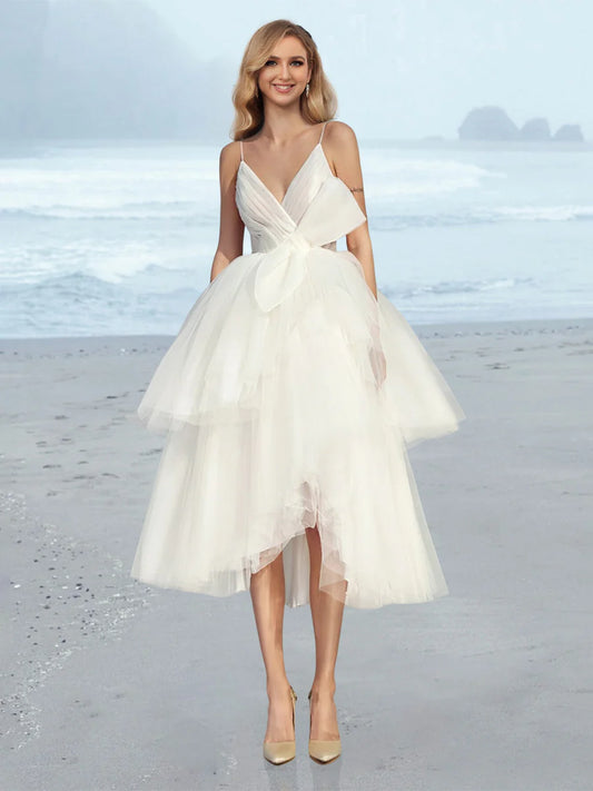 A-line/Princess V-neck Tea Long Wedding Dress