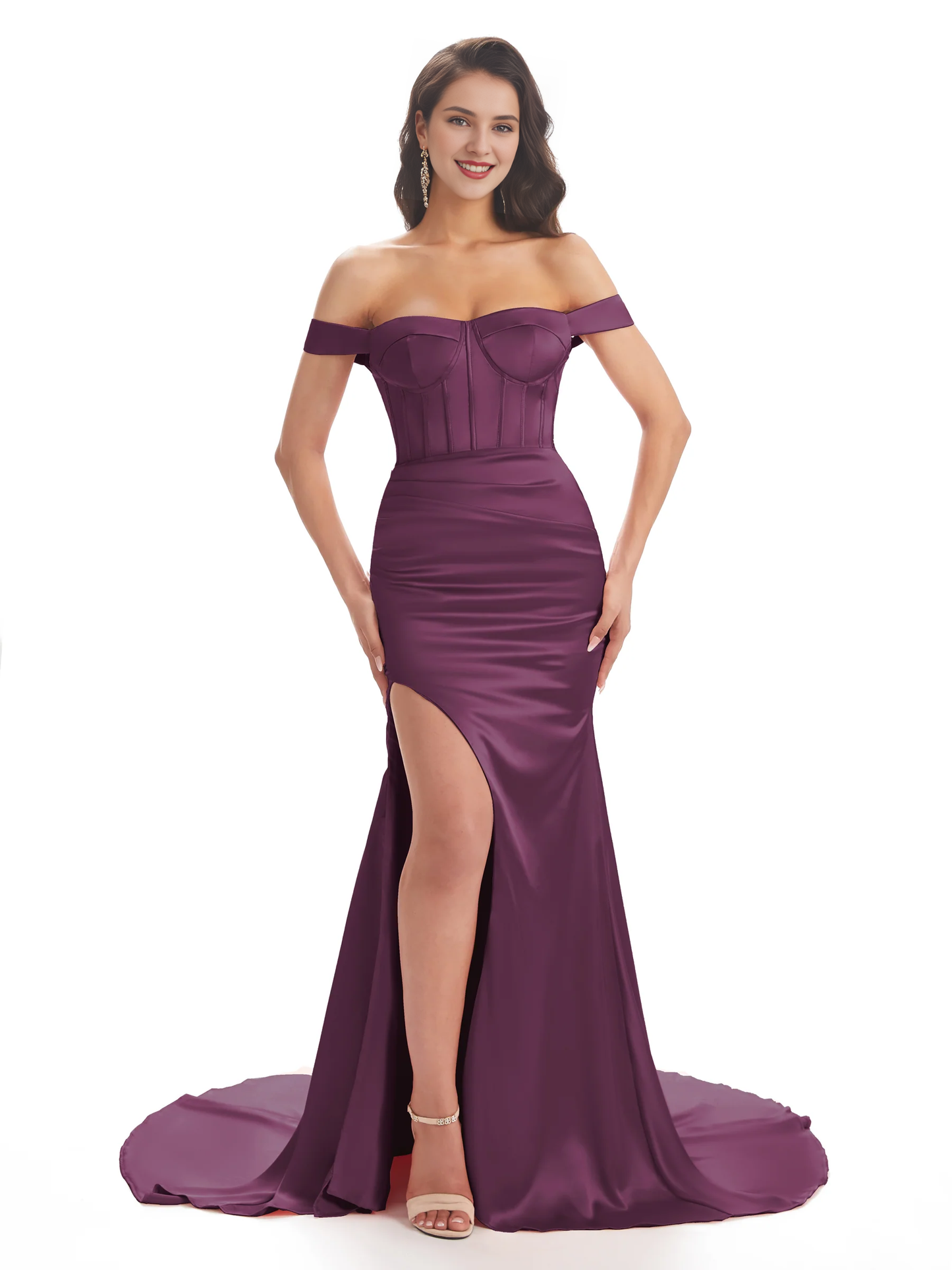 Unique side slit soft satin off shoulder long fish tail bridesmaid dress