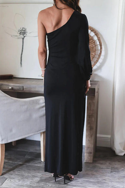 Solid Split Shoulder Irregular Evening Dress