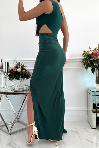 Fashionable hollow out diagonal collar sleeveless evening dress