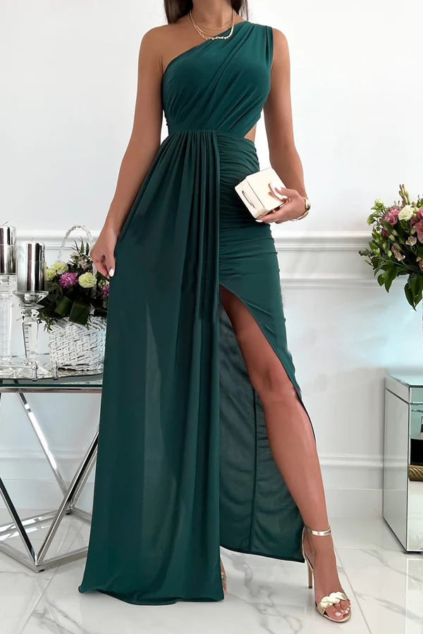 Fashionable hollow out diagonal collar sleeveless evening dress