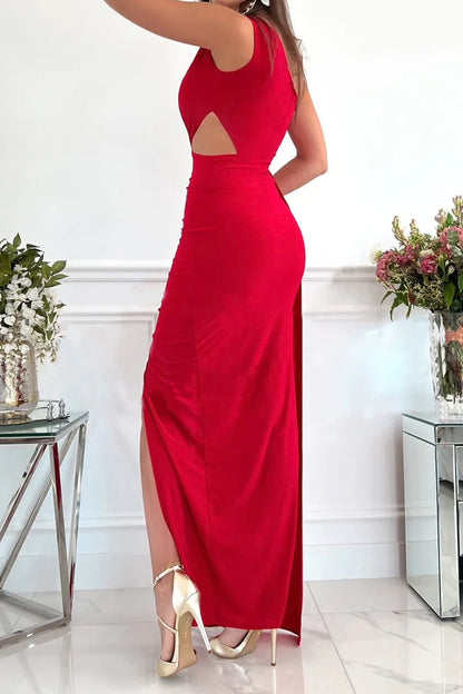 Fashionable hollow out diagonal collar sleeveless evening dress