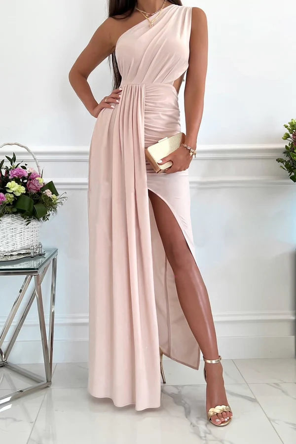 Fashionable hollow out diagonal collar sleeveless evening dress