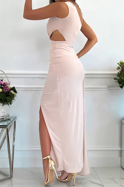 Fashionable hollow out diagonal collar sleeveless evening dress