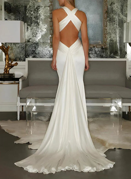 Fishtail V-neck sleeveless trailing silk satin wedding dress