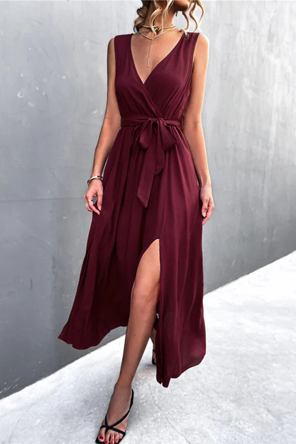 Sexy solid color slit V-neck one step dress for evening dress