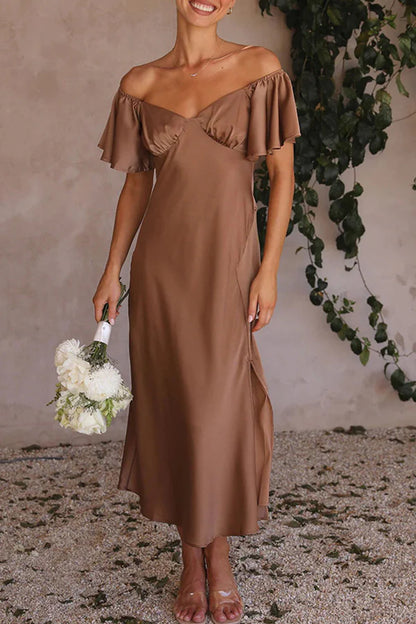 Sexy solid color slit off shoulder pleated evening dress