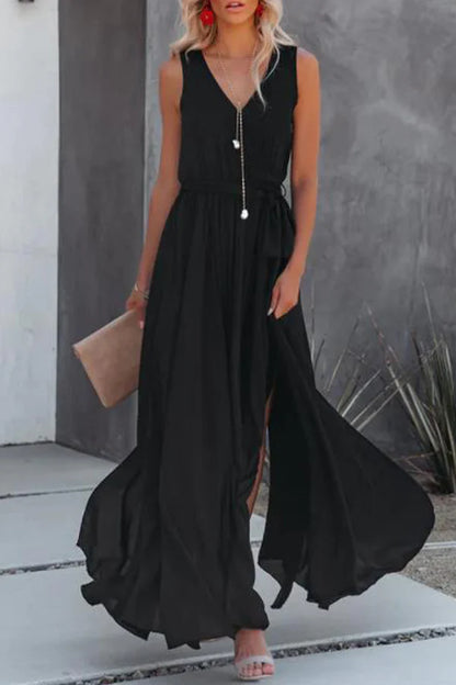 Sexy casual solid color split V-neck sleeveless evening dress