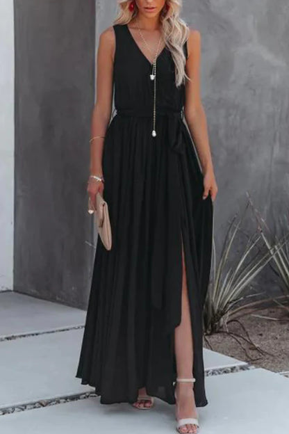 Sexy casual solid color split V-neck sleeveless evening dress