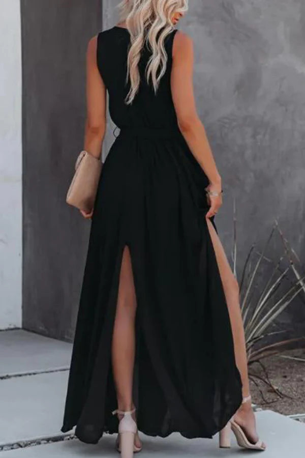 Sexy casual solid color split V-neck sleeveless evening dress