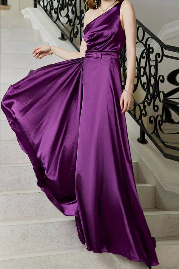 Elegant solid color slit diagonal collar evening dress