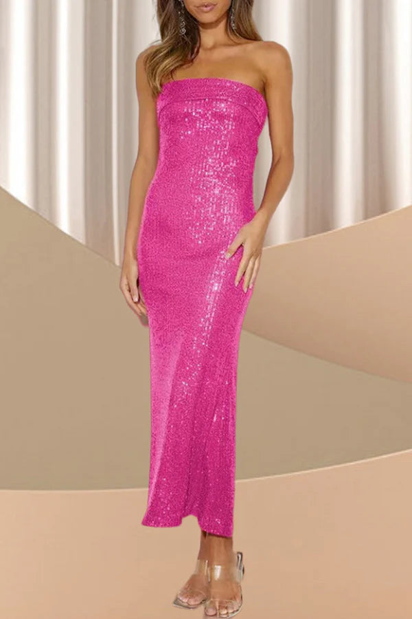 Solid sequin strapless one step dress for evening dress