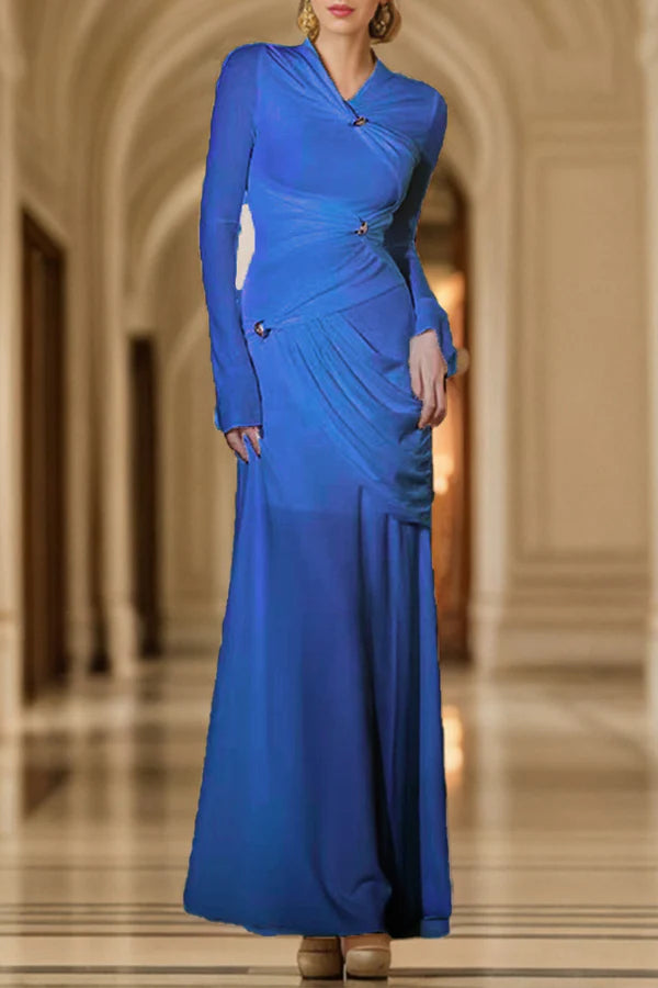 Elegant solid metal accessories for decorative folding O-neck evening dress