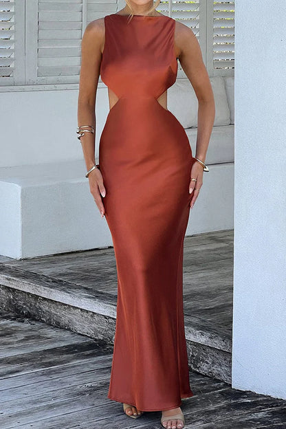 Sexy celebrity solid color backless O-neck wrap up dress evening dress