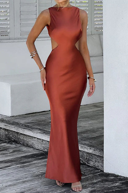 Sexy celebrity solid color backless O-neck wrap up dress evening dress