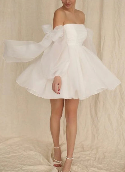 A-line Bubble Long Sleeve Bow Short Wedding Dress