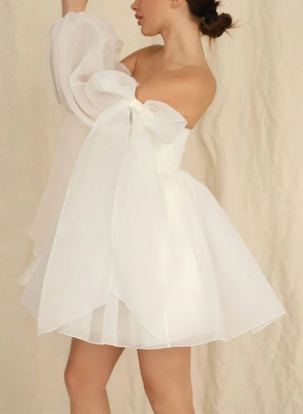 A-line Bubble Long Sleeve Bow Short Wedding Dress