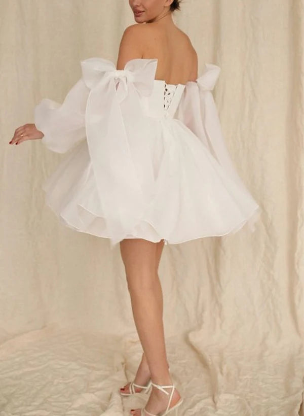 A-line Bubble Long Sleeve Bow Short Wedding Dress