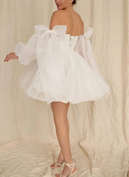 A-line Bubble Long Sleeve Bow Short Wedding Dress