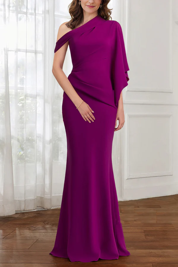 Horn shoulder empire drape mother of the bride dress