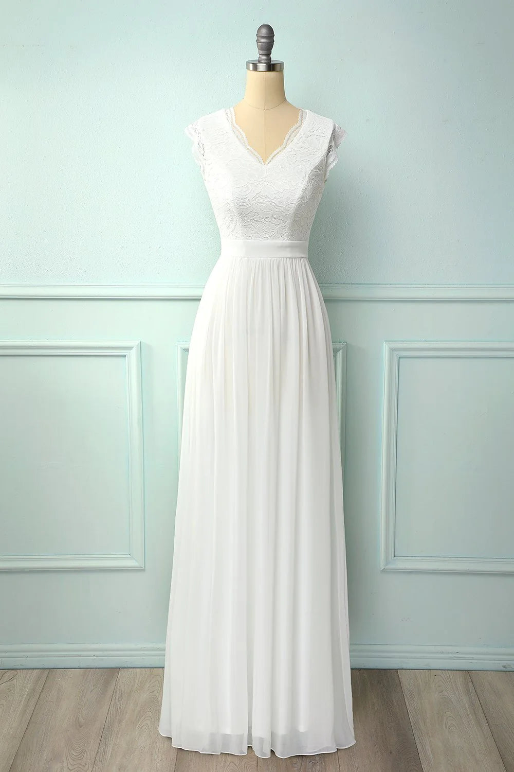 V-neck white long bridesmaid dress