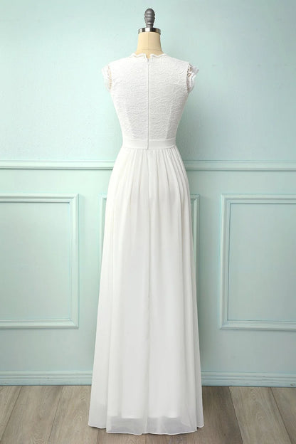 V-neck white long bridesmaid dress