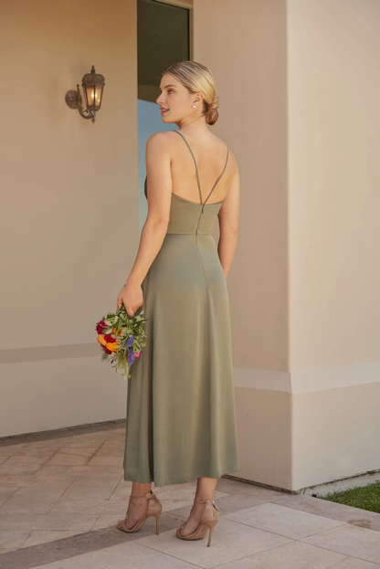 Thin shoulder strap V-shaped cross neckline bow front slit bridesmaid dress