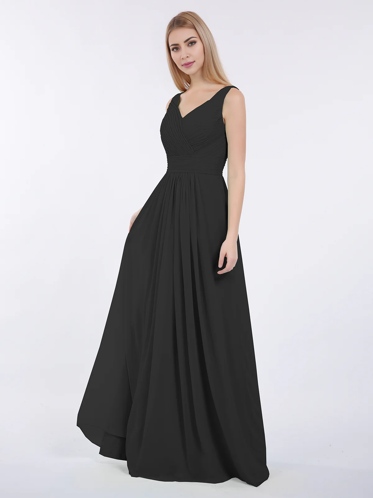 V-neck full-length chiffon pleated dress