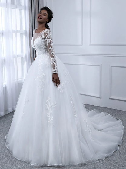 Long sleeved and applique transparent collar chiffon ball gown wedding dress