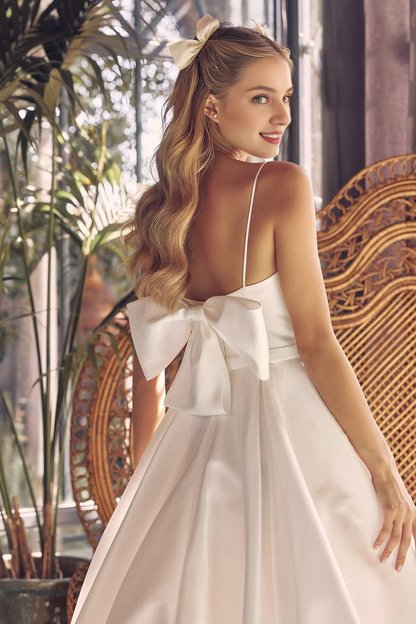 Bow detail long sleeveless wedding dress